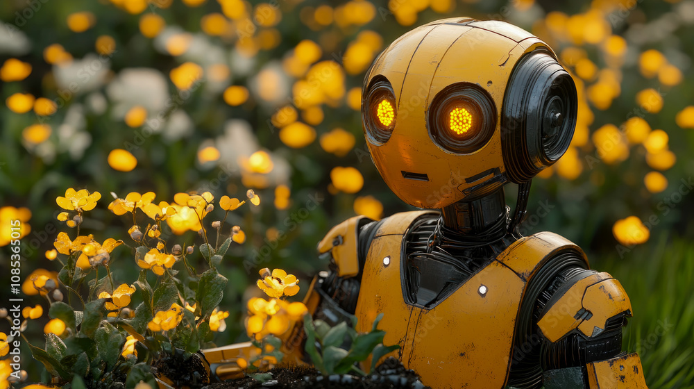 The robot, designed with a cheerful aesthetic, carefully cradles a bunch of vibrant yellow flowers amidst a beautiful, colorful garden The robot, designed with a cheerful aesthetic, carefully cradles a bunch of vibrant yellow flowers amidst a beautiful, colorful garden