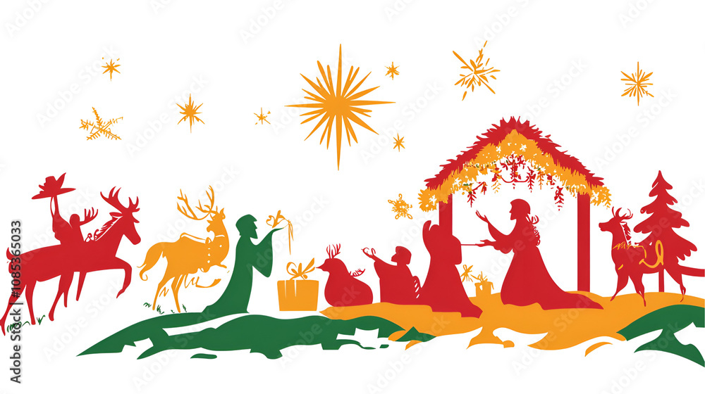 Obraz premium Colorful Nativity Scene With Stars And Holiday Elements - Captures the joyful spirit of Christmas celebration and tradition.
