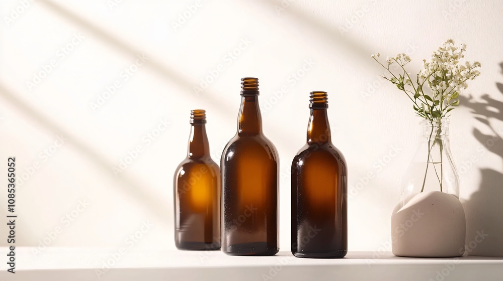 THree brown recycled beer bottles on a shelf