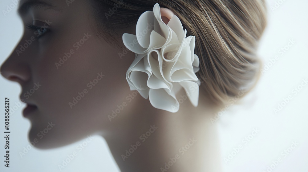Naklejka premium Elegant Woman with Delicate White Floral Earring: A Portrait of Modern Beauty and Style