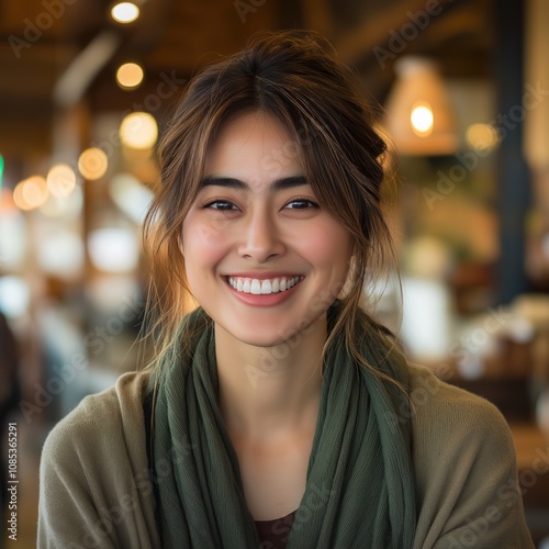 A joyful Asian woman smiles warmly in a bustling cafe, illuminated by natural light