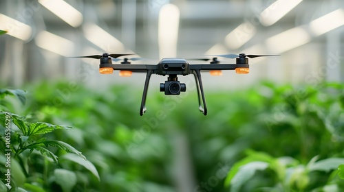 Microdrones pollinating indoor crops in a vertical farm, warm lighting, lowangle shot photo