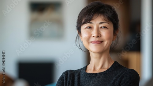 Free Download An Asian woman feels happy in her cozy home, filled with soft natural light and a relaxed vibe - GFXLoad