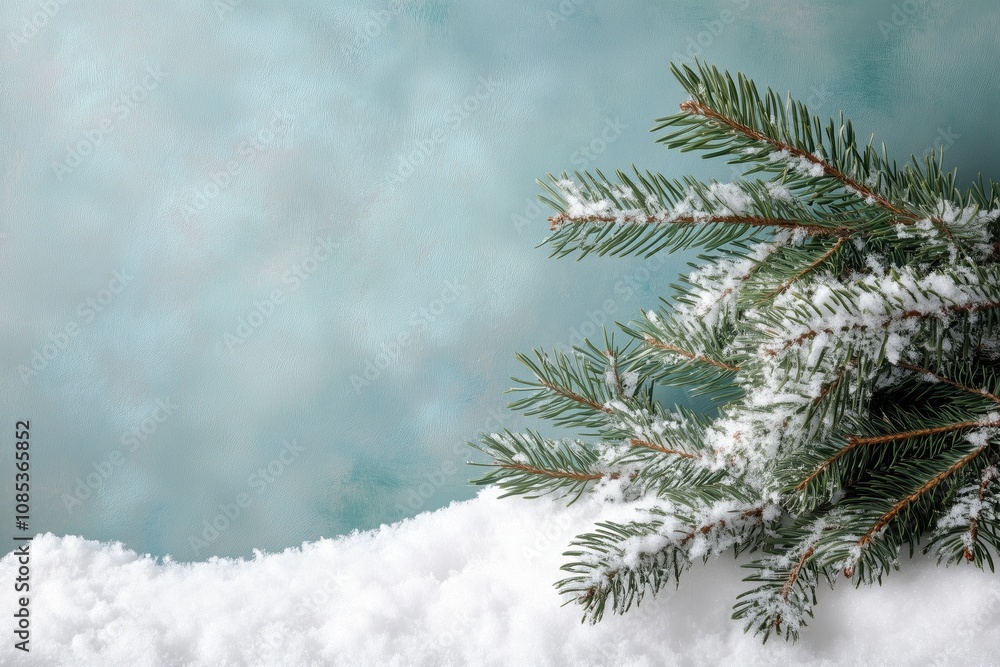 Winter background with snow-covered pine branches and a pile of snow Winter background with snow-covered pine branches and a pile of snow