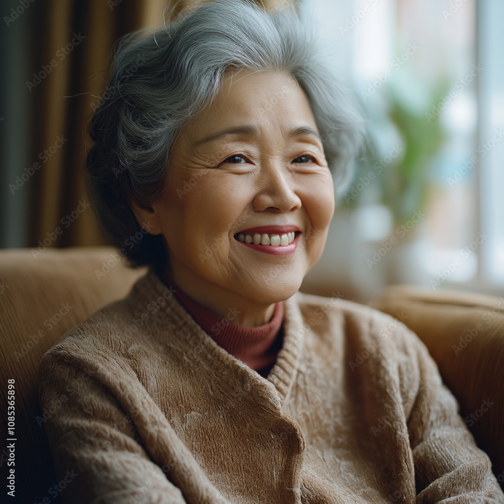 A happy Asian woman sits comfortably, smiling radiantly in soft, natural light A happy Asian woman sits comfortably, smiling radiantly in soft, natural light