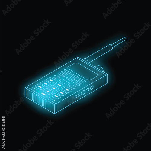 Blue neon isometric walkie talkie glowing on dark background