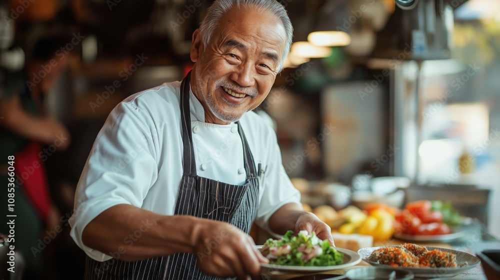 A cheerful chef expertly plates a colorful dish while surrounded by kitchen activity A cheerful chef expertly plates a colorful dish while surrounded by kitchen activity