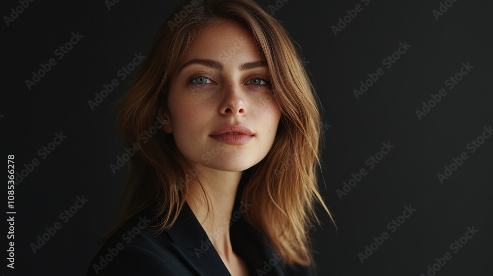 Captivating Portrait of a Young Woman with Natural Beauty and Soft Expression, Radiating Confidence Against a Dark Background Captivating Portrait of a Young Woman with Natural Beauty and Soft Expression, Radiating Confidence Against a Dark Background