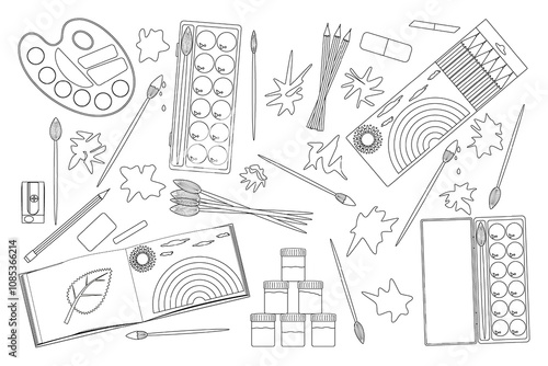 Black and white back-to-school themed coloring page featuring art supplies like pencils, brushes, and paint. Ideal for creative activities.
