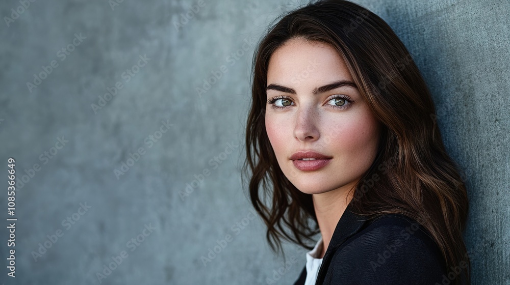 Captivating portrait of a young woman with striking features and soft natural makeup against a textured gray background, showcasing beauty and elegance in urban style Captivating portrait of a young woman with striking features and soft natural makeup against a textured gray background, showcasing beauty and elegance in urban style