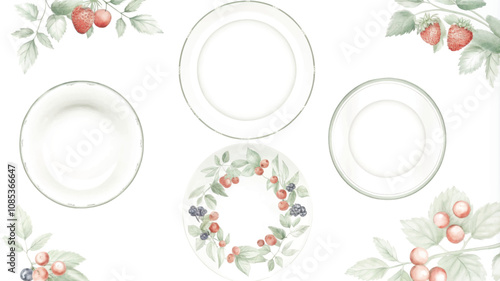 set of porcelain dishes with berries and leaves on a white background