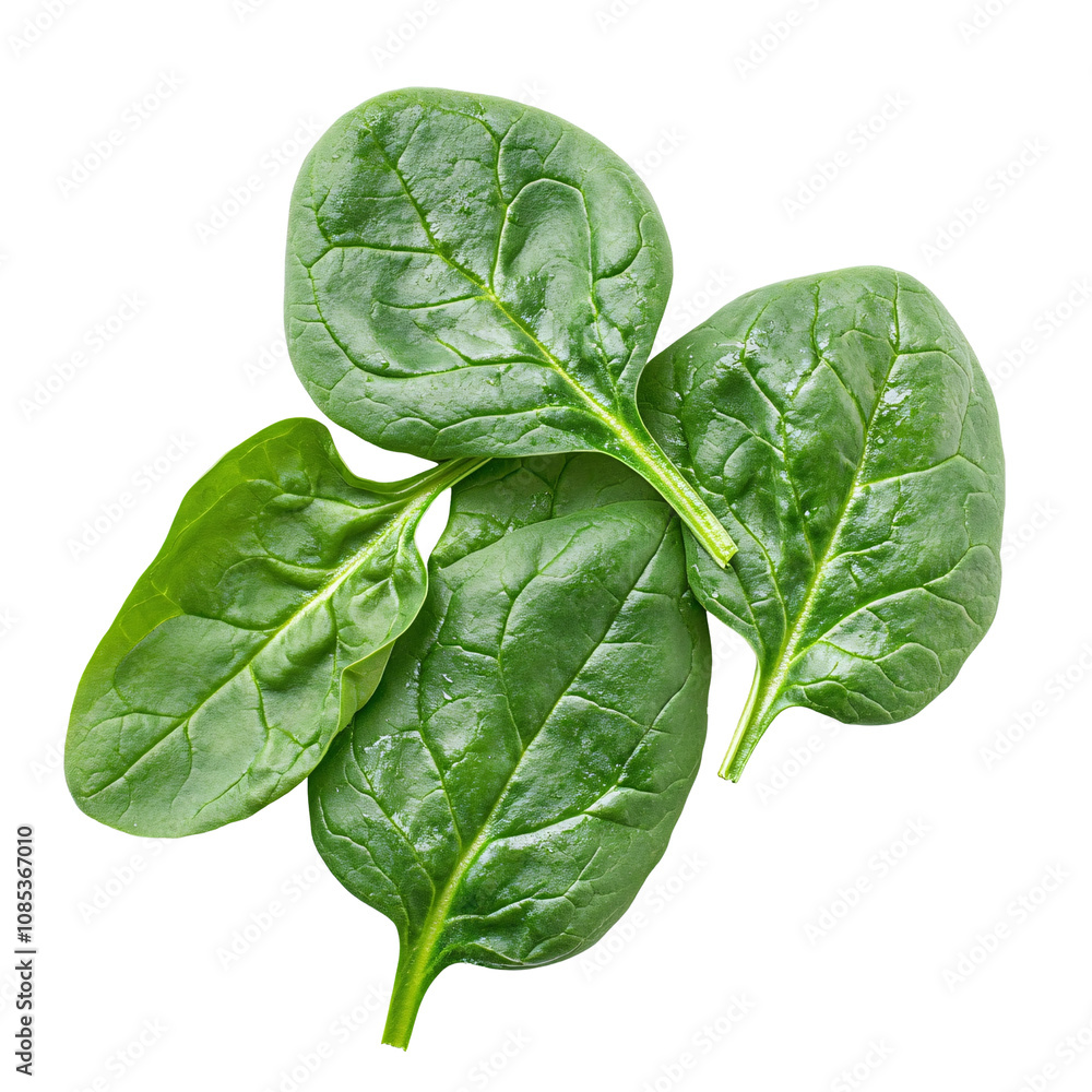 Fototapeta premium Fresh green spinach leaves isolated on transparent background - healthy vegan food.