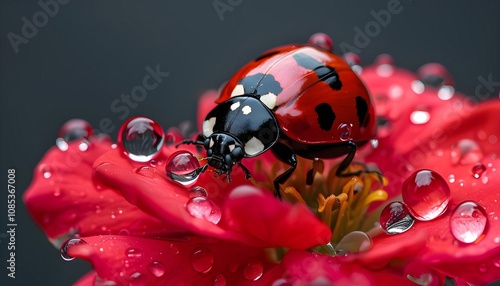 Ladybug on dewy red flower close-up, vibrant nature, perfect for spring-themed designs