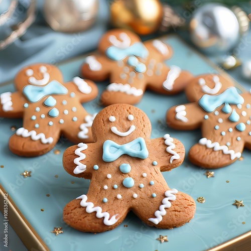 Gingerbread man cookies, decorated with icing and bow ties