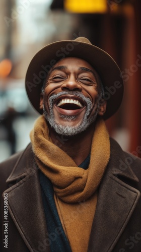 A cheerful Black man shares his joy in a lively urban setting, captured in natural light