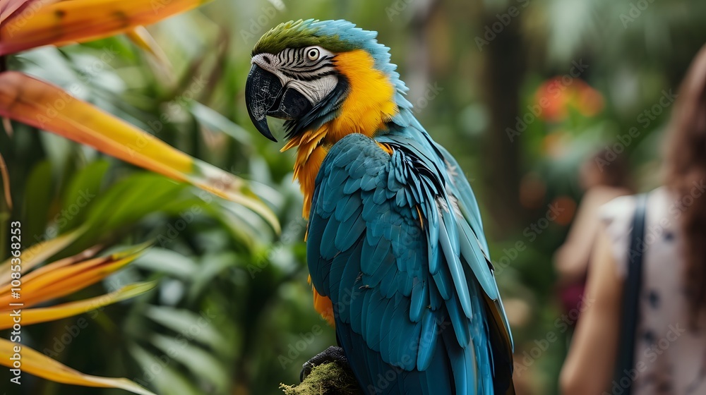 Obraz premium Blue-and-yellow macaw in lush tropical surroundings