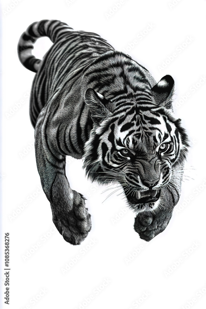 Full-body image of a tiger pouncing downwards, captured in an aggressive pose with its face showing intensity. Full-body image of a tiger pouncing downwards, captured in an aggressive pose with its face showing intensity.