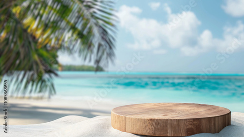 Wallpaper Mural A wooden platter on a sandy beach with crystal-clear water and palm trees under a bright blue sky in a tropical paradise Torontodigital.ca