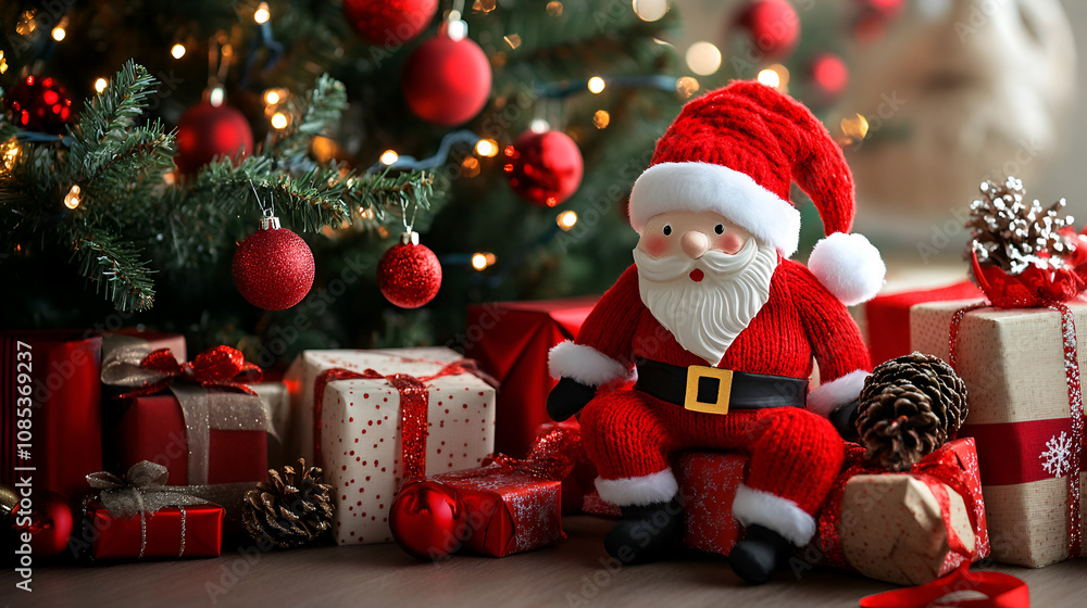A festive Christmas scene with a Santa Claus doll sitting amidst a pile of wrapped presents, with a beautifully decorated Christmas tree in the background.
A festive Christmas scene with a Santa Claus doll sitting amidst a pile of wrapped presents, with a beautifully decorated Christmas tree in the background.