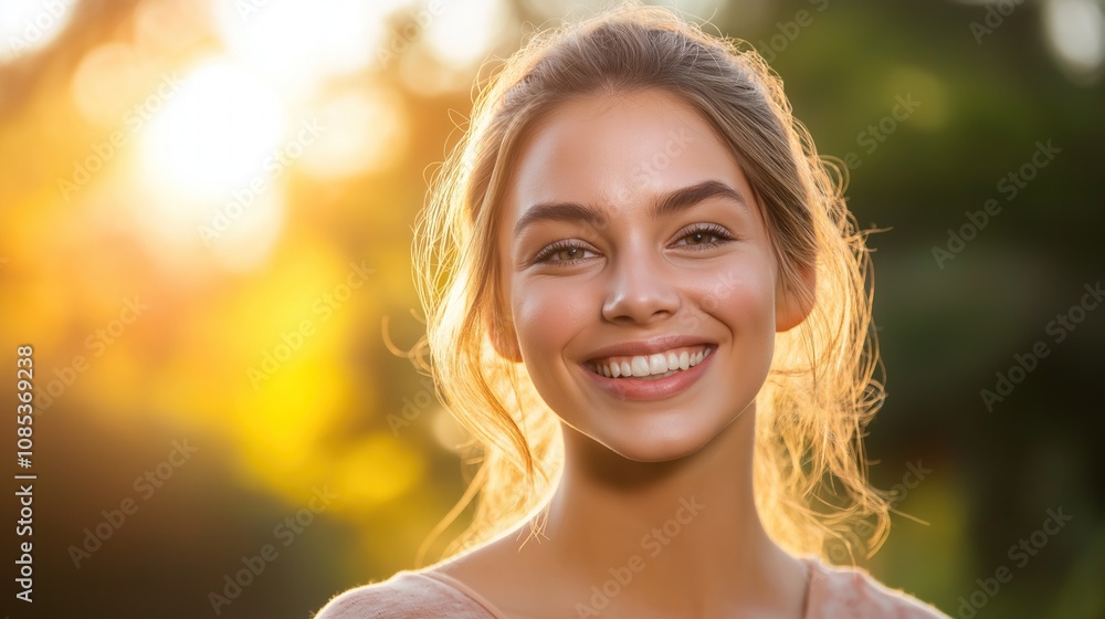 Fototapeta premium A happy young woman smiles warmly while enjoying a beautiful sunny day outdoors
