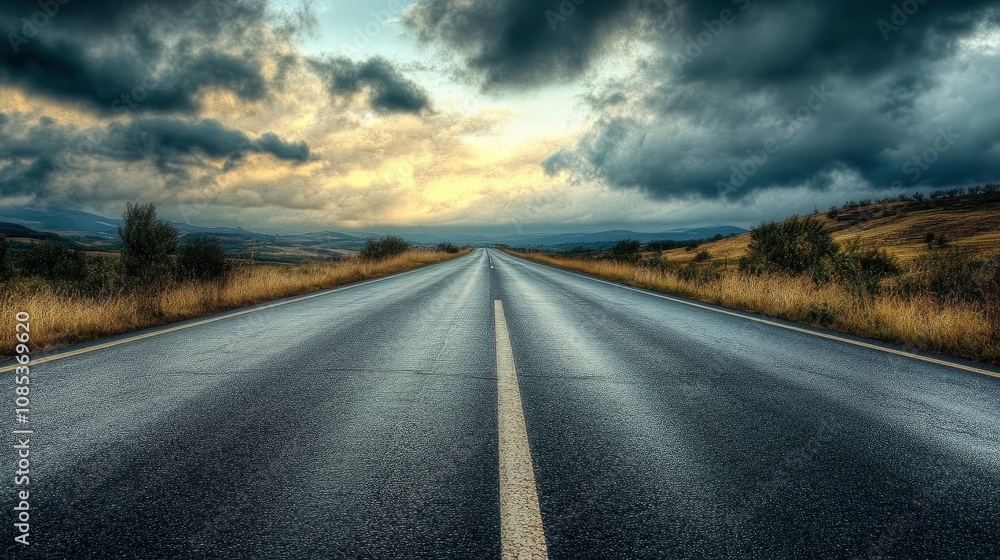 Naklejka premium Empty highway asphalt road and beautiful sky in landscape green park 