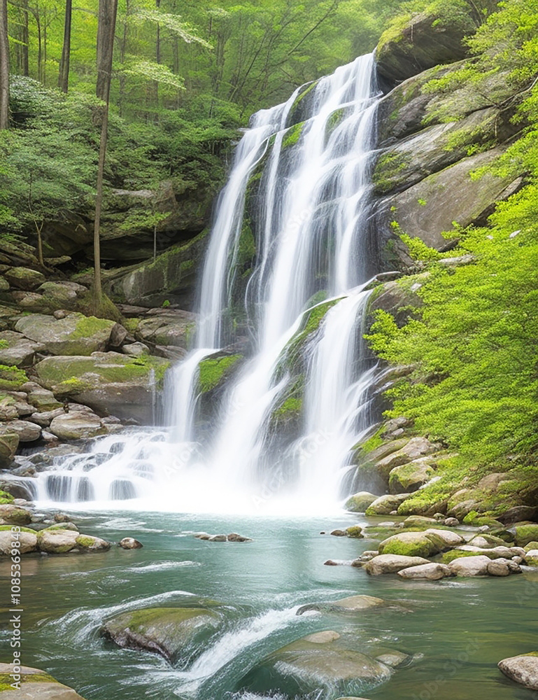 Fototapeta premium Big waterfall on rocky mountain at night 