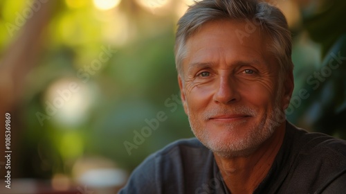 A cheerful man relaxes in a vibrant outdoor space, capturing everyday joy and tranquility