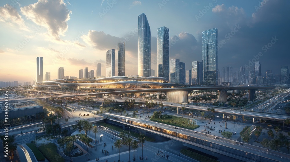 Modern Cityscape with Futuristic Architecture and Bridges Modern Cityscape with Futuristic Architecture and Bridges
