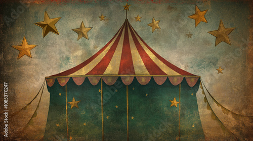 Vintage circus tent with red and white stripes under a starry sky background in an artistic design
