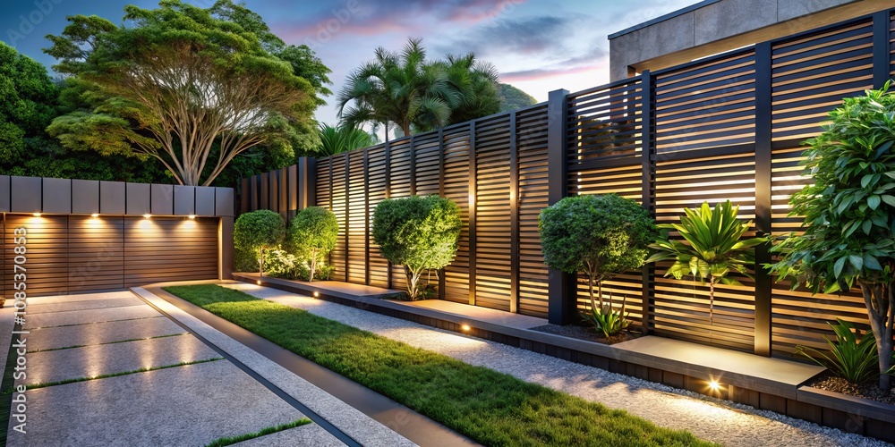 Naklejka premium Stylish and Modern Metal Fence Design for Yard Enclosure Featuring Horizontal Sections, Perfect for Contemporary Outdoor Spaces and Landscaping Aesthetics
