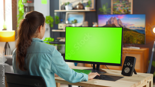 A woman working at her desk with a green screen display in a cozy home office setting filled with plants and artwork