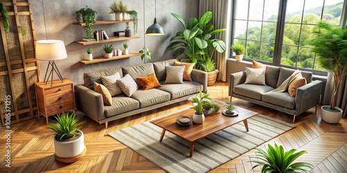 Stylish Modern Living Room Interior with Sofa, Elegant Home Accessories, Green Plants, Wooden Commode, and Side Table in a Well-Designed Space