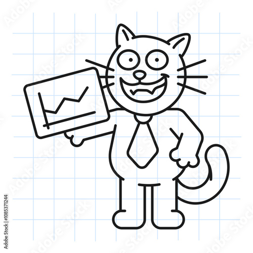 Doodle black cat holds digital tablet with business chart and smiles