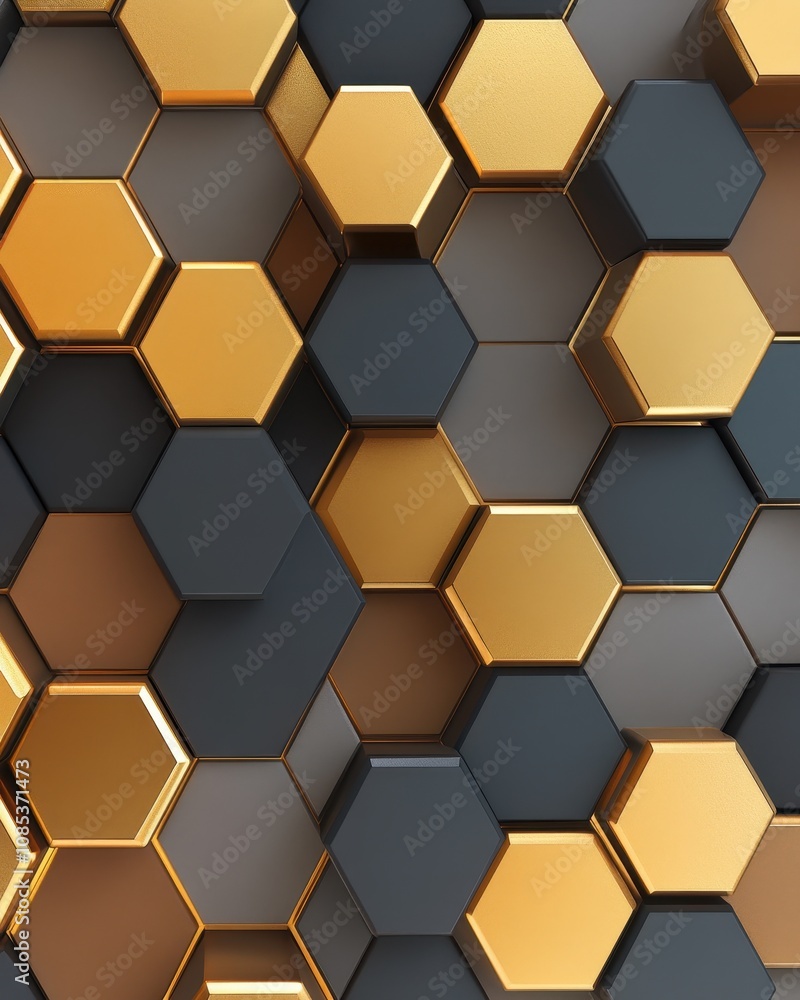 Hexagonal 3D shape texture wall with gold, brown, gray, and black background. Abstract futuristic luxurious geometric technology hexagon background banner illustration 3d. Hexagonal 3D shape texture wall with gold, brown, gray, and black background. Abstract futuristic luxurious geometric technology hexagon background banner illustration 3d.