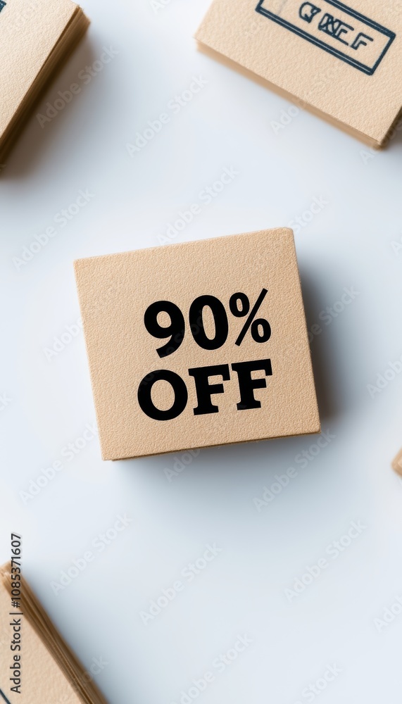 Wooden Stamp With 90 Off Text, Discount, And Promotion Concept On A White Background Wooden Stamp With 90 Off Text, Discount, And Promotion Concept On A White Background