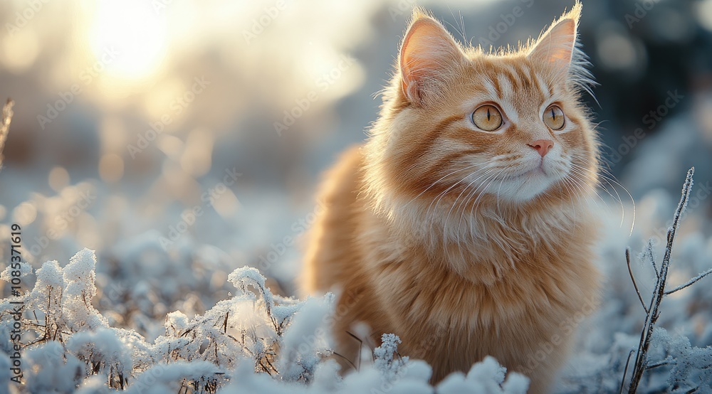 Fluffy ginger cat sitting in snowy winter scene at sunset. Fluffy ginger cat sitting in snowy winter scene at sunset.