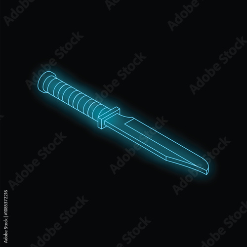 Neon blue military knife is glowing on a dark background