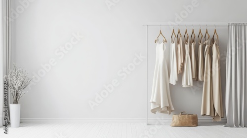 Wallpaper Mural Serene Bridal Attire: Elegant wedding dresses and gowns hang on a minimalist clothes rack, creating a calming and sophisticated atmosphere. Torontodigital.ca