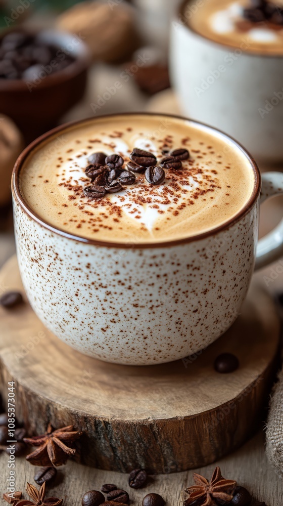 Cozy Coffee Moment: Indulge in the rich aroma and creamy texture of a perfectly brewed cappuccino, garnished with coffee beans and cocoa powder.