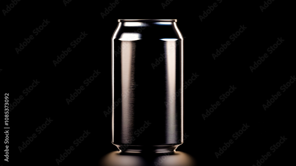 A sleek, steel can of lager placed against a black background. A sleek, steel can of lager placed against a black background.