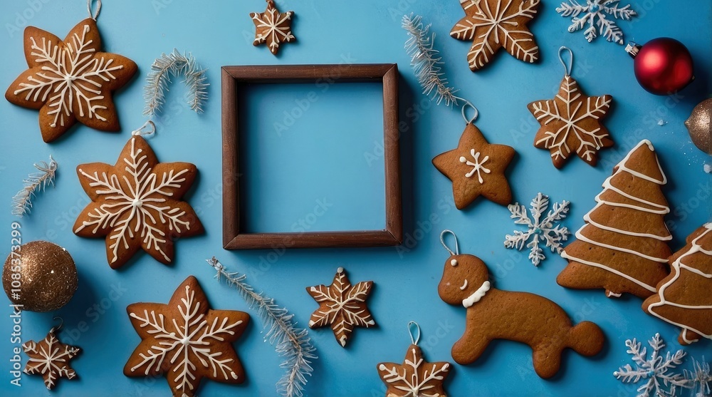 Top view of homemade gingerbread cookies and Christmas ornaments placed at the left of an horizontal abstract blue background making a frame and leaving a useful copy space - generative ai Top view of homemade gingerbread cookies and Christmas ornaments placed at the left of an horizontal abstract blue background making a frame and leaving a useful copy space - generative ai