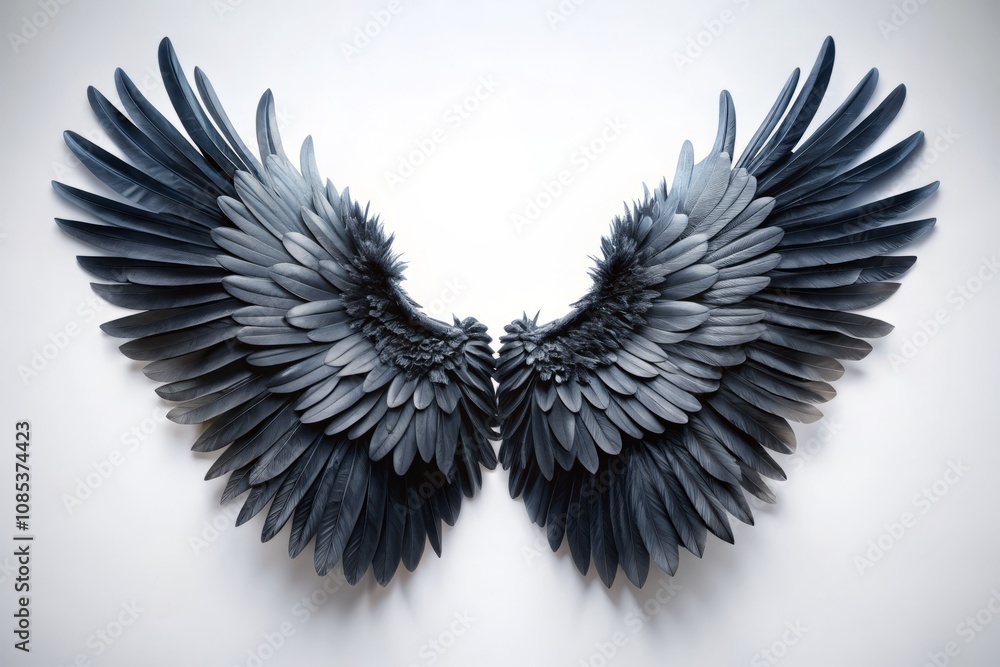 Fototapeta premium Symmetrical Black Wings Displayed Elegantly Against a Pristine White Background in Tilt-Shift Photography for Artistic and Nature-Inspired Themes