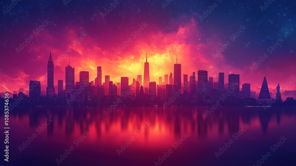 Flat 2D illustration of tall buildings, bright sky with clouds. famous architectural landmarks of cities Flat 2D illustration of tall buildings, bright sky with clouds. famous architectural landmarks of cities