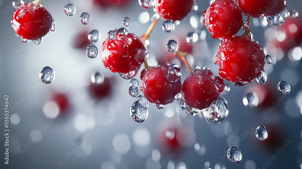 Dynamic composition of fresh wild berries with water drops cascading through the air with crisp details. Dynamic composition of fresh wild berries with water drops cascading through the air with crisp details.