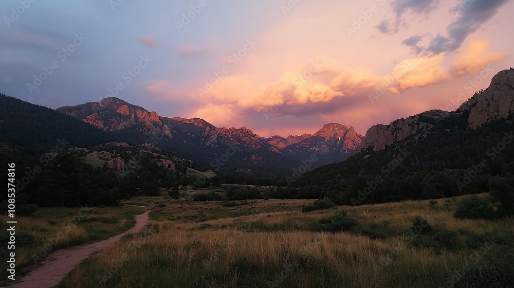 Obraz premium Serene Sunset Over Majestic Mountains and Open Fields