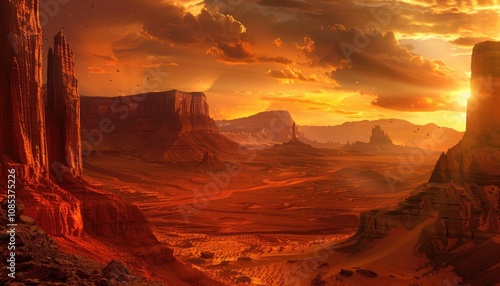 A fiery sunset casts long shadows across a vast red desert landscape, with towering rock formations standing tall in the distance.