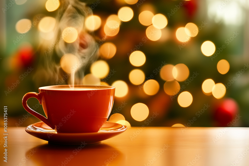 A steaming cup of coffee on a table, with a festive Christmas tree bokeh in the background, creating a cozy and inviting holiday scene. A steaming cup of coffee on a table, with a festive Christmas tree bokeh in the background, creating a cozy and inviting holiday scene.
