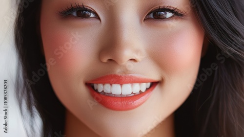 Close-up of a woman's smiling face with bright red lipstick and long black hair.