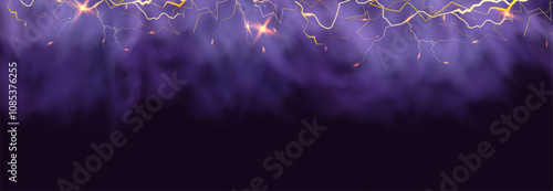 Powerful electrical current energy. Flash of lightning in a magic frame. Neon discharge in smoke effect.
