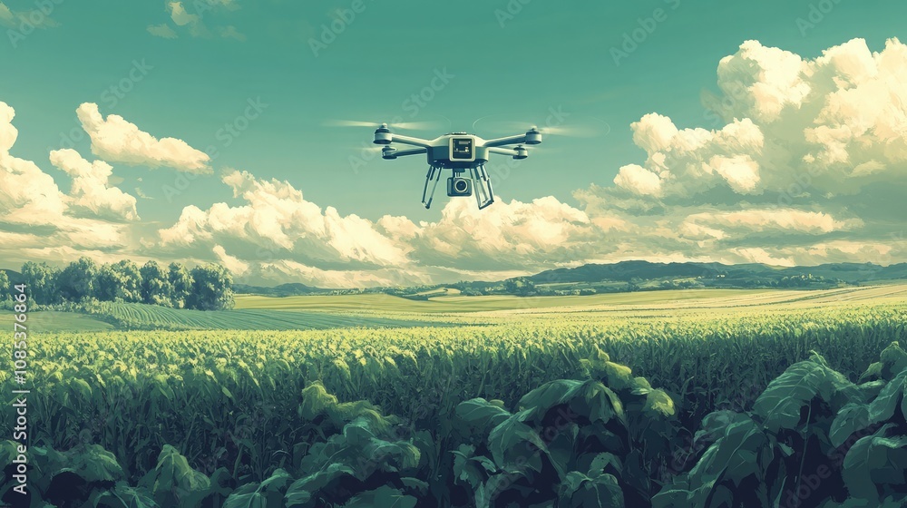 Drone surveying a vast field of crops under a partly cloudy sky. The scene evokes a sense of agricultural technology and progress. Drone surveying a vast field of crops under a partly cloudy sky. The scene evokes a sense of agricultural technology and progress.